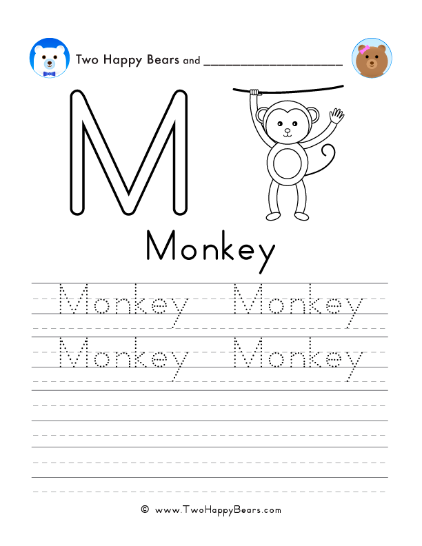 Free printable sheet for tracing and writing the word monkey, and a picture of a monkey to color.