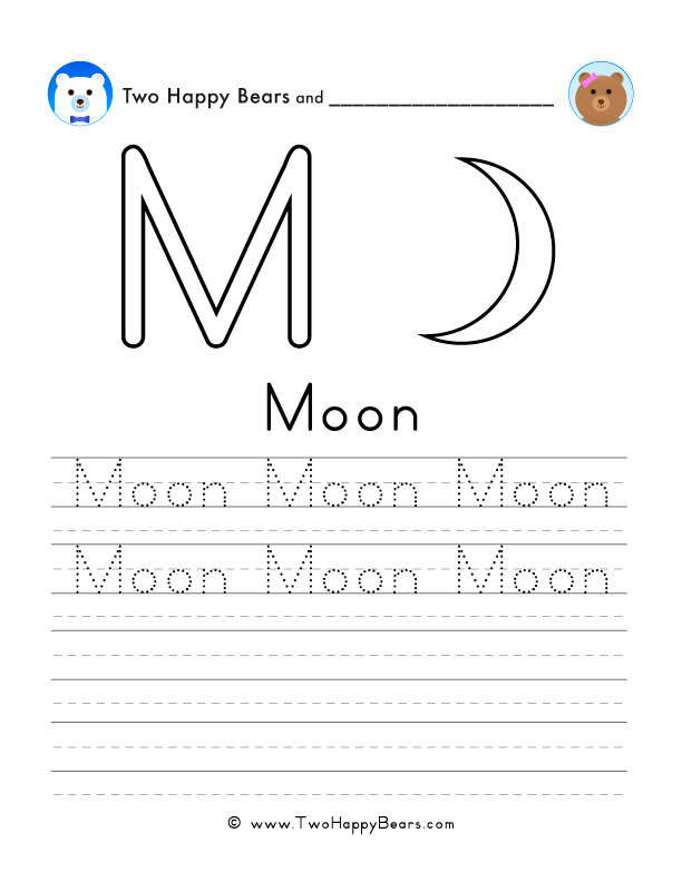 Free printable sheet for tracing and writing the word moon, and a picture of the moon to color.