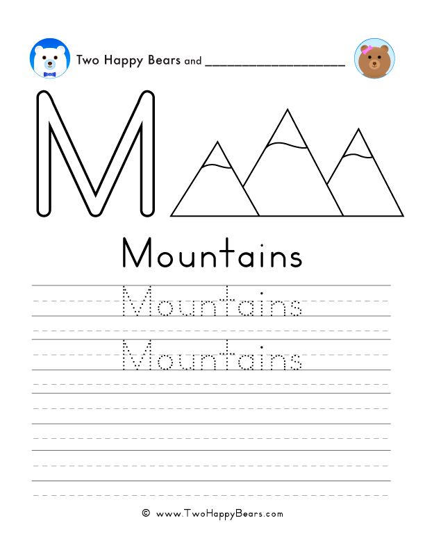 Free printable sheet for tracing and writing the word mountains, and a picture of mountains to color.