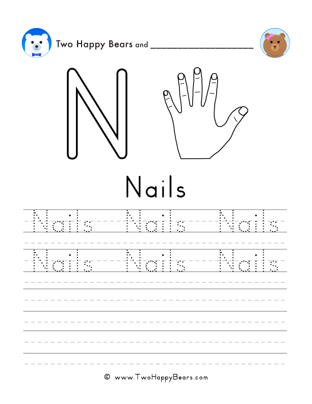 Free printable sheet for tracing and writing the word nails, and a picture of nails to color.