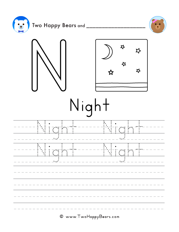 Free printable sheet for tracing and writing the word night, and a picture of the night to color.