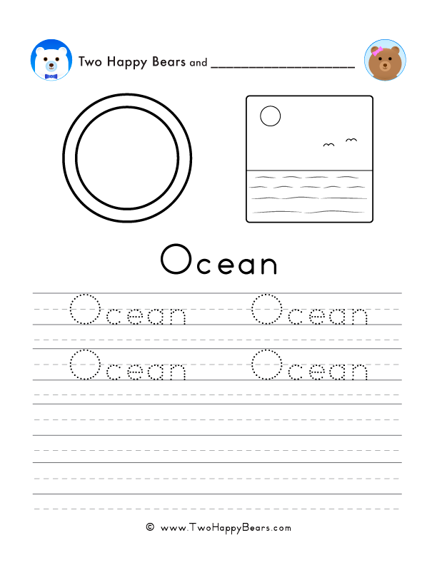 Free printable sheet for tracing and writing the word ocean, and a picture of the ocean to color.