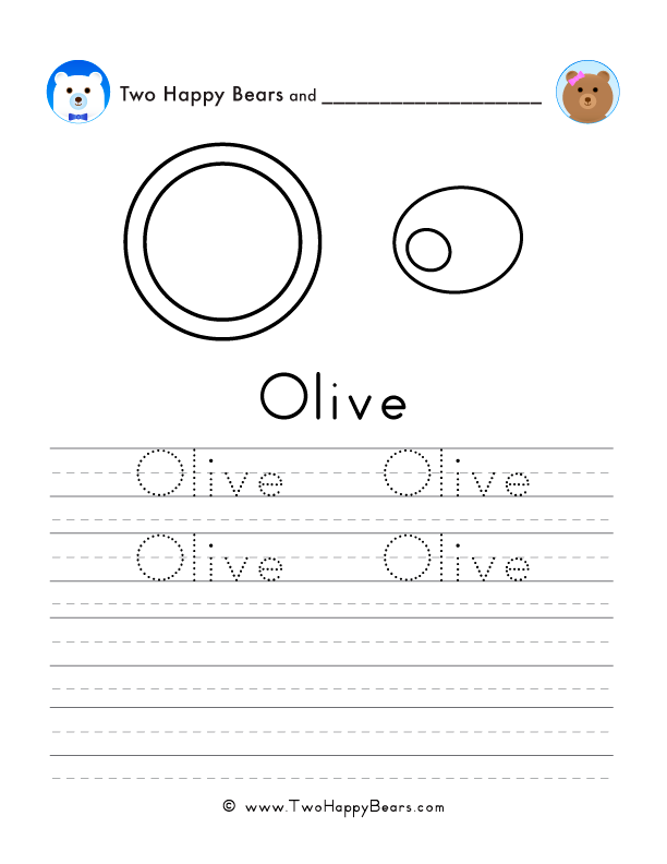 Free printable sheet for tracing and writing the word olive, and a picture of an olive to color.