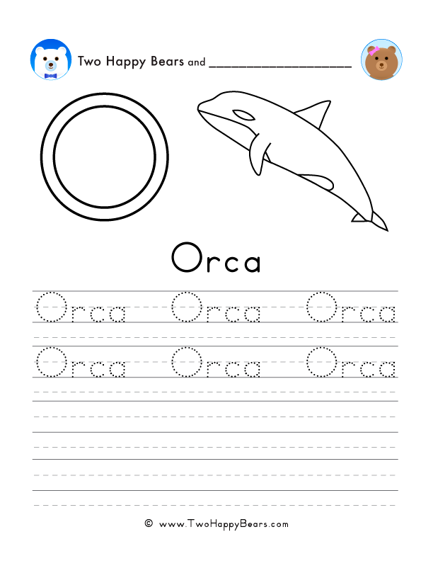 Free printable sheet for tracing and writing the word orca, and a picture of an orca to color.