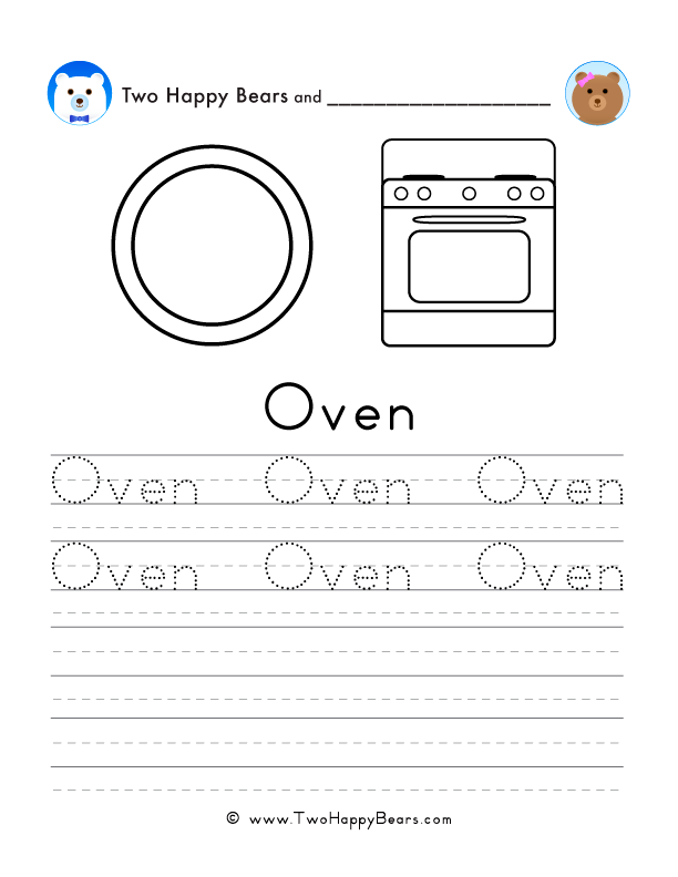 Free printable sheet for tracing and writing the word oven, and a picture of an oven to color.