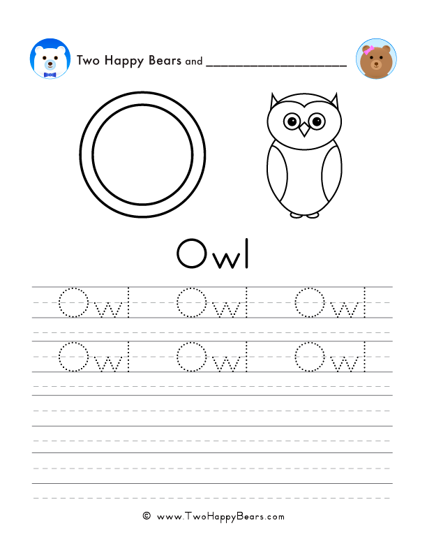 Free printable sheet for tracing and writing the word owl, and a picture of an owl to color.