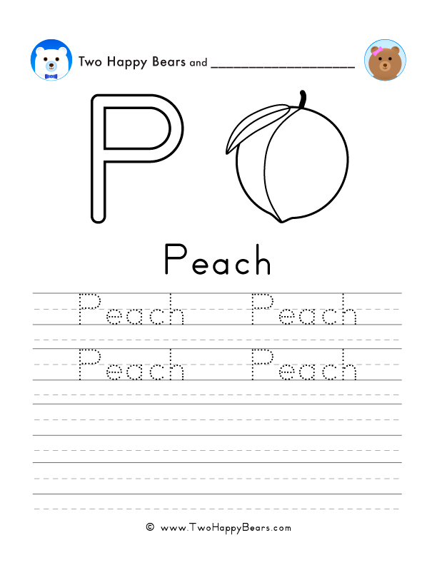 Free printable sheet for tracing and writing the word peach, and a picture of a peach to color.