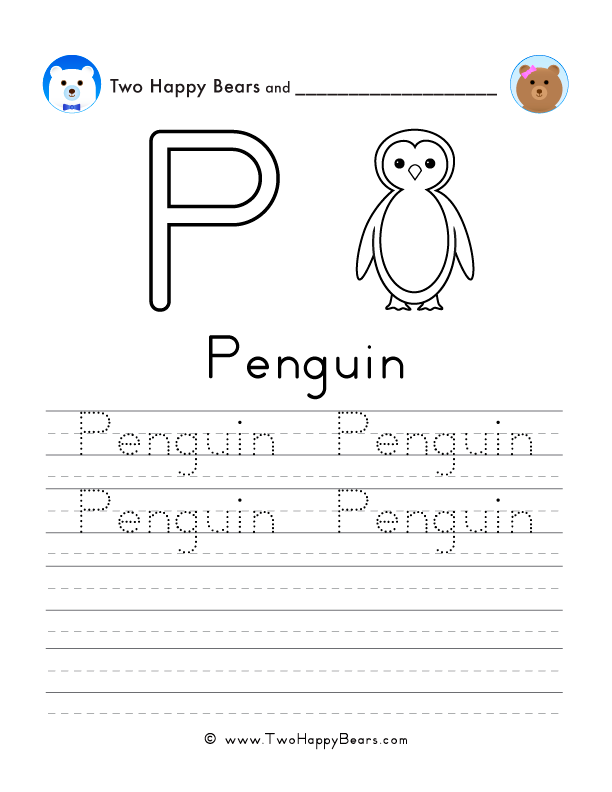 Free printable sheet for tracing and writing the word penguin, and a picture of a penguin to color.