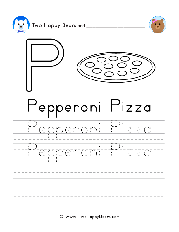 Free printable sheet for tracing and writing the words pepperoni pizza, and a picture of a pepperoni pizza to color.
