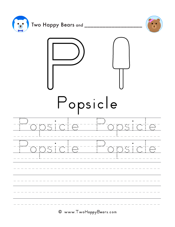 Free printable sheet for tracing and writing the word popsicle, and a picture of a popsicle to color.