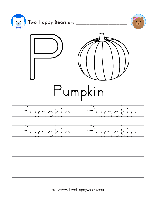 Free printable sheet for tracing and writing the word pumpkin, and a picture of a pumpkin to color.