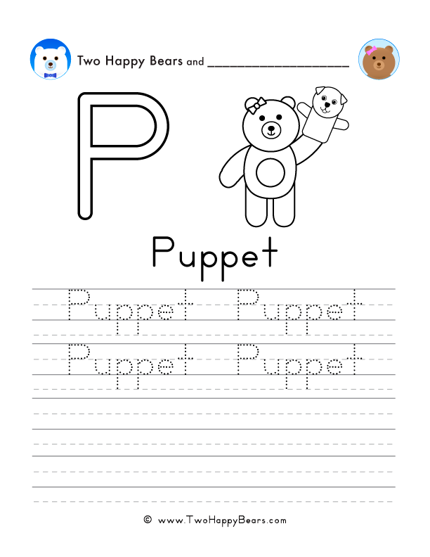 Free printable sheet for tracing and writing the word puppet, and a picture of a puppet to color.