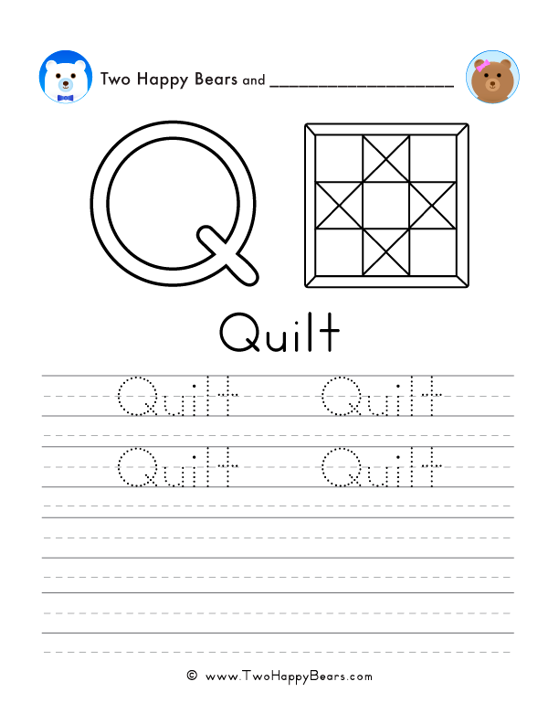 Free printable sheet for tracing and writing the word quilt, and a picture of a quilt to color.