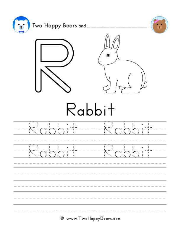 Free printable sheet for tracing and writing the word rabbit, and a picture of a rabbit to color.
