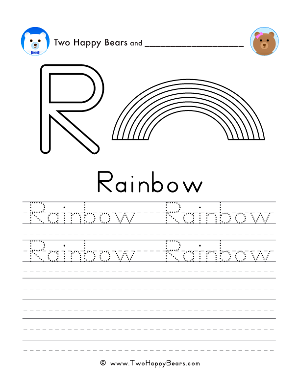 Free printable sheet for tracing and writing the word rainbow, and a picture of a rainbow to color.