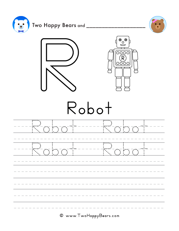 Free printable PDFs for each letter of the alphabet to trace and color words, like robot.