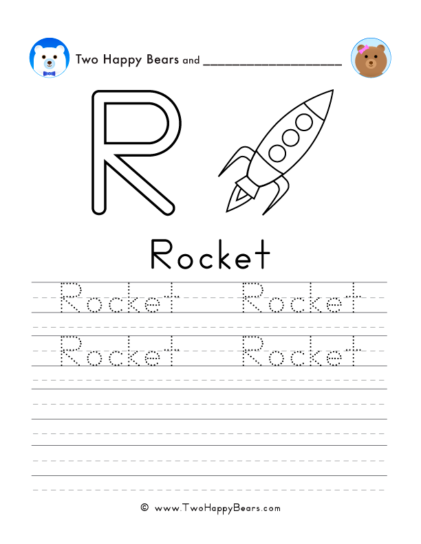 Free printable sheet for tracing and writing the word rocket, and a picture of a rocket to color.