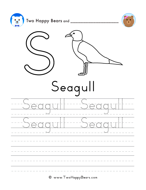 Free printable sheet for tracing and writing the word seagull, and a picture of a seagull to color.