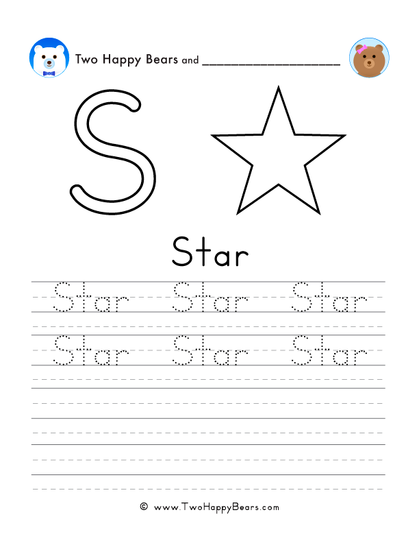 Free printable sheet for tracing and writing the word star, and a picture of a star to color.