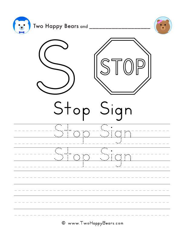 Free printable sheet for tracing and writing the words stop sign, and a picture of a stop sign to color.