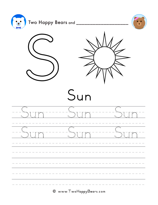 Free printable sheet for tracing and writing the word sun, and a picture of the sun to color.