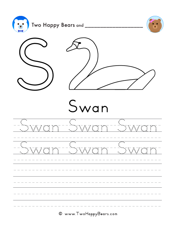 Free printable sheet for tracing and writing the word swan, and a picture of a swan to color.