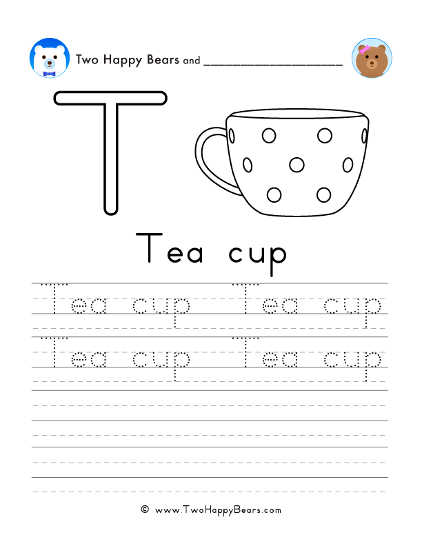 Free printable sheet for tracing and writing the words tea cup, and a picture of a tea cup to color.