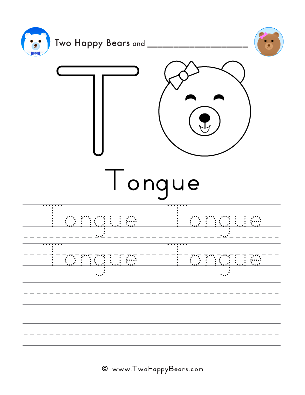 Free printable sheet for tracing and writing the word tongue, and a picture of a tongue to color.