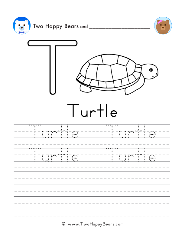 Free printable sheet for tracing and writing the word turtle, and a picture of a turtle to color.