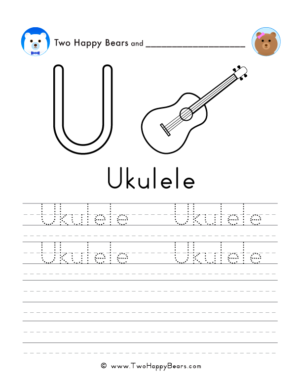 Free printable sheet for tracing and writing the word ukulele, and a picture of a ukulele to color.