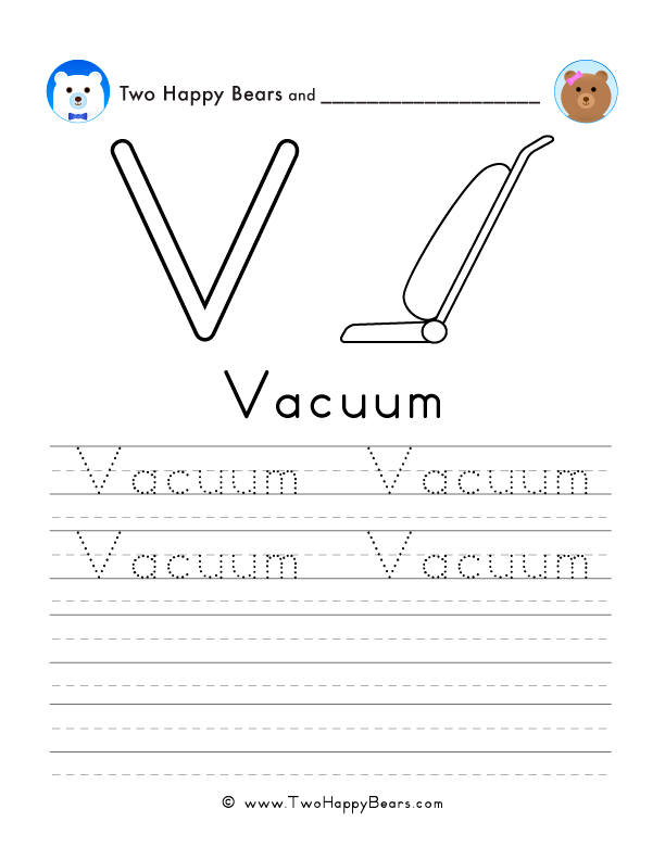 Free printable sheet for tracing and writing the word vacuum, and a picture of a vacuum to color.