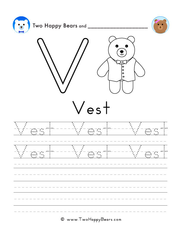 Free printable sheet for tracing and writing the word vest, and a picture of a bear wearing a vest to color.