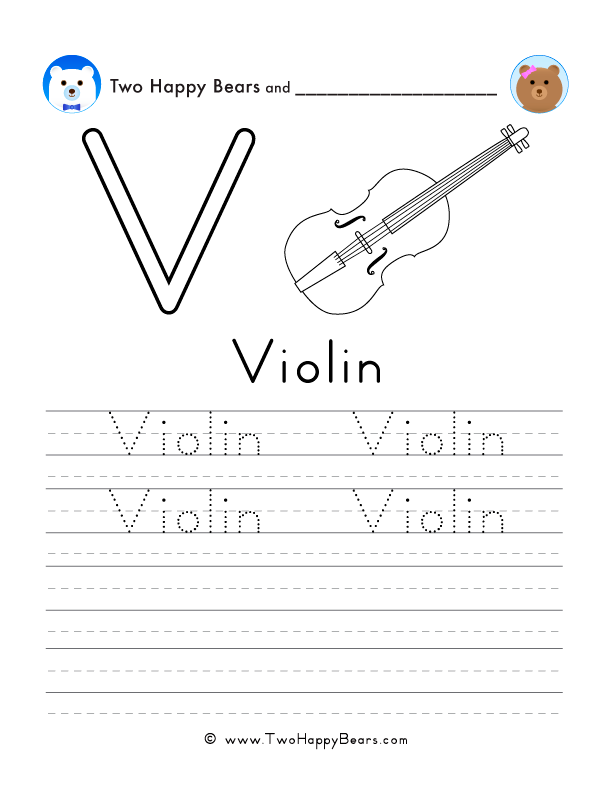 Free printable sheet for tracing and writing the word violin, and a picture of a violin to color.