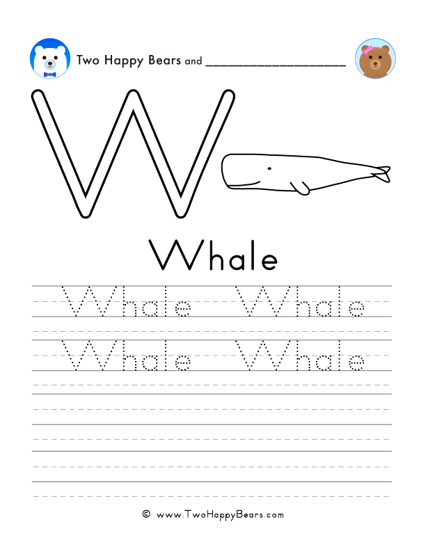 Free printable sheet for tracing and writing the word whale, and a picture a whale to color.