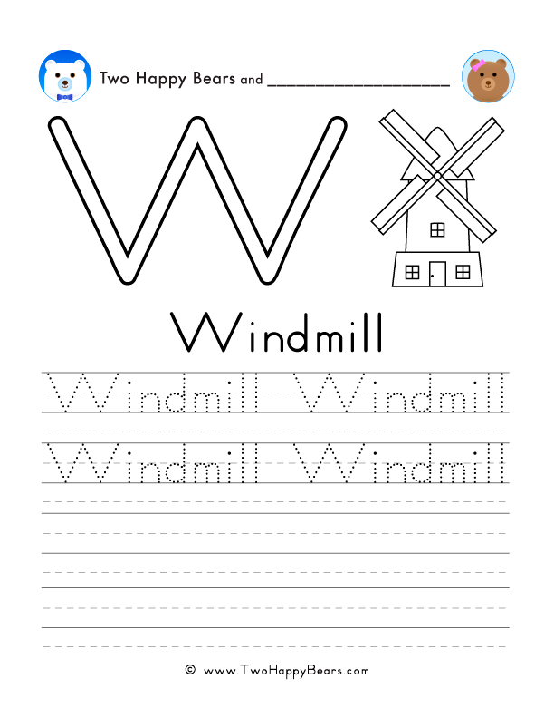 Free printable sheet for tracing and writing the word windmill, and a picture of a windmill to color.