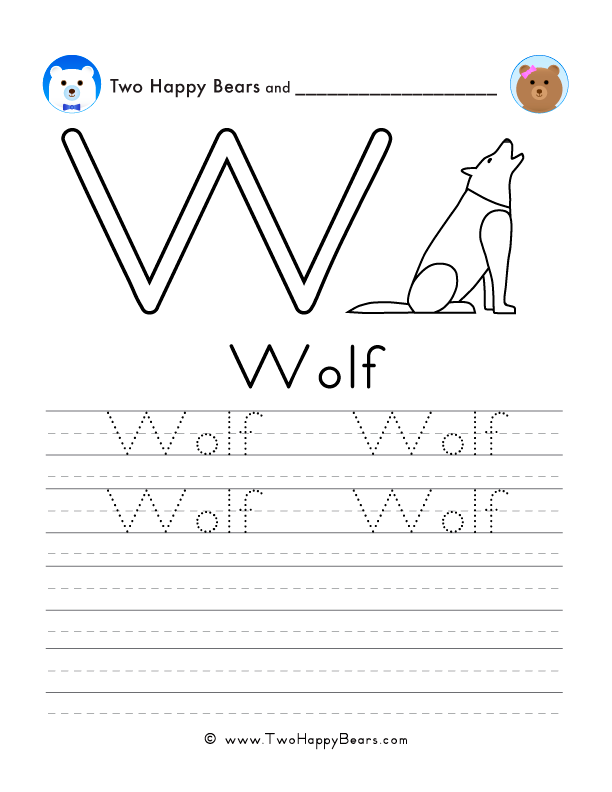Free printable sheet for tracing and writing the word wolf, and a picture of a wolf to color.