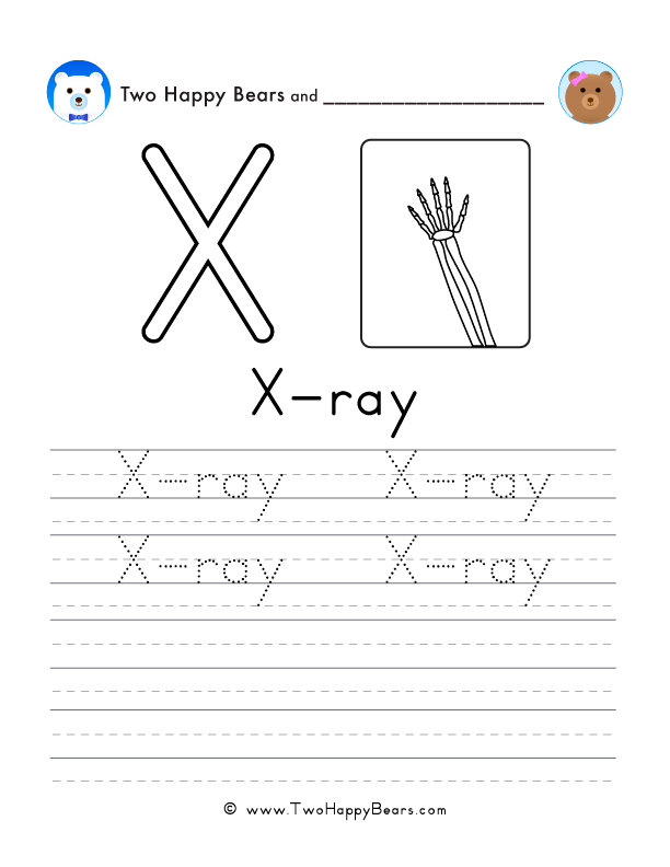 Free printable sheet for tracing and writing the word x-ray, and a picture of an x-ray to color.