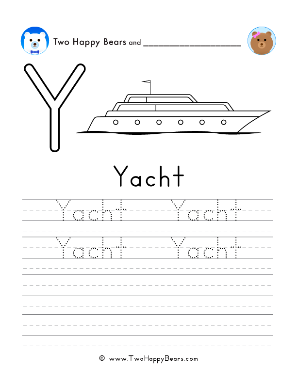 Free printable sheet for tracing and writing the word yacht, and a picture of a yacht to color.