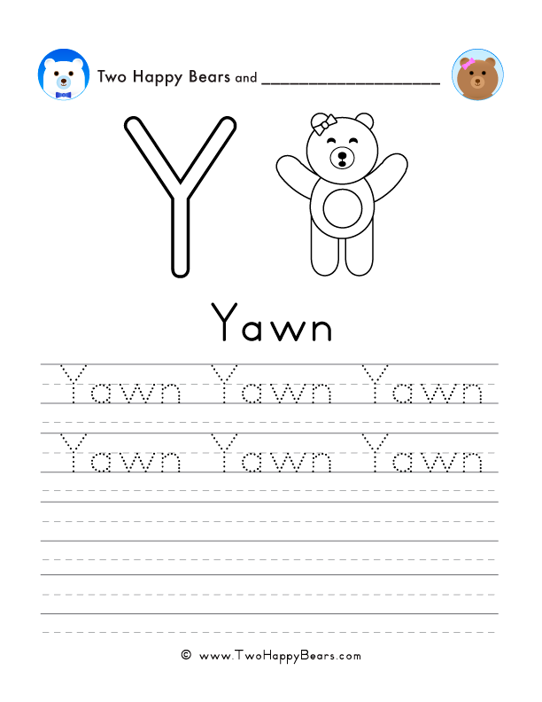 Free printable sheet for tracing and writing the word yawn, and a picture of a bear yawning to color.