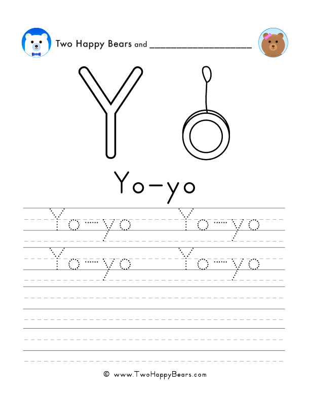 Free printable sheet for tracing and writing the word yo-yo, and a picture a yo-yo to color.