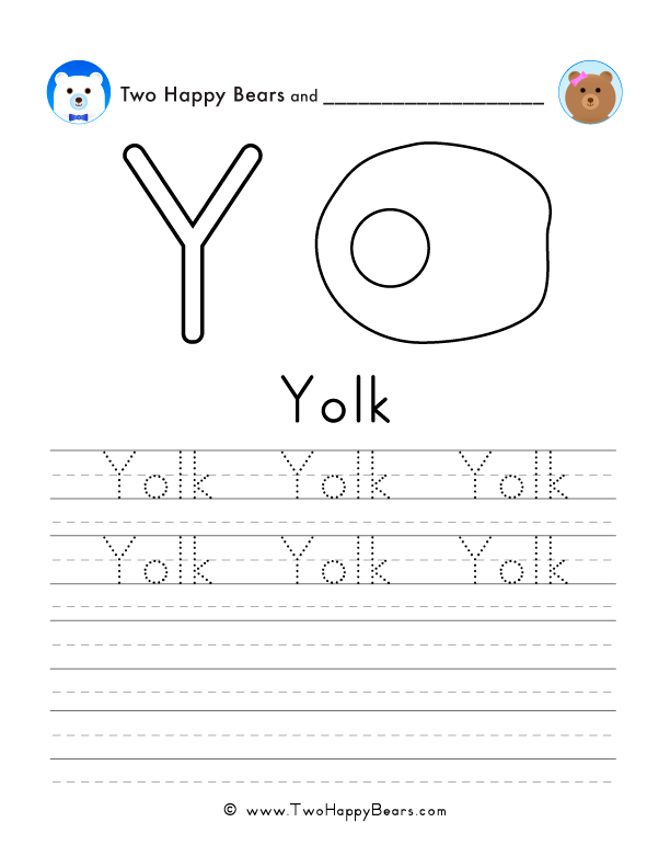 Free printable sheet for tracing and writing the word yolk, and a picture a yolk to color.