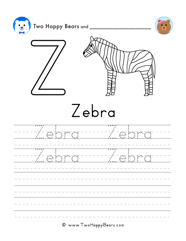 Free printable sheet for tracing and writing the word zebra, and a picture of a zebra to color.