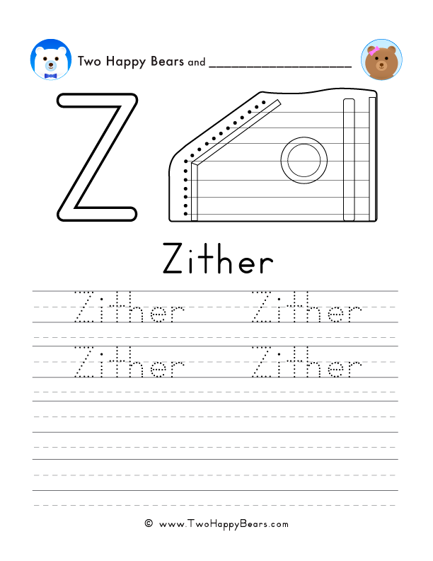 Free printable sheet for tracing and writing the word zither, and a picture of a zither to color.