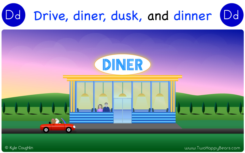 Fluffy and Ivy drove to a diner at dusk to eat dinner.