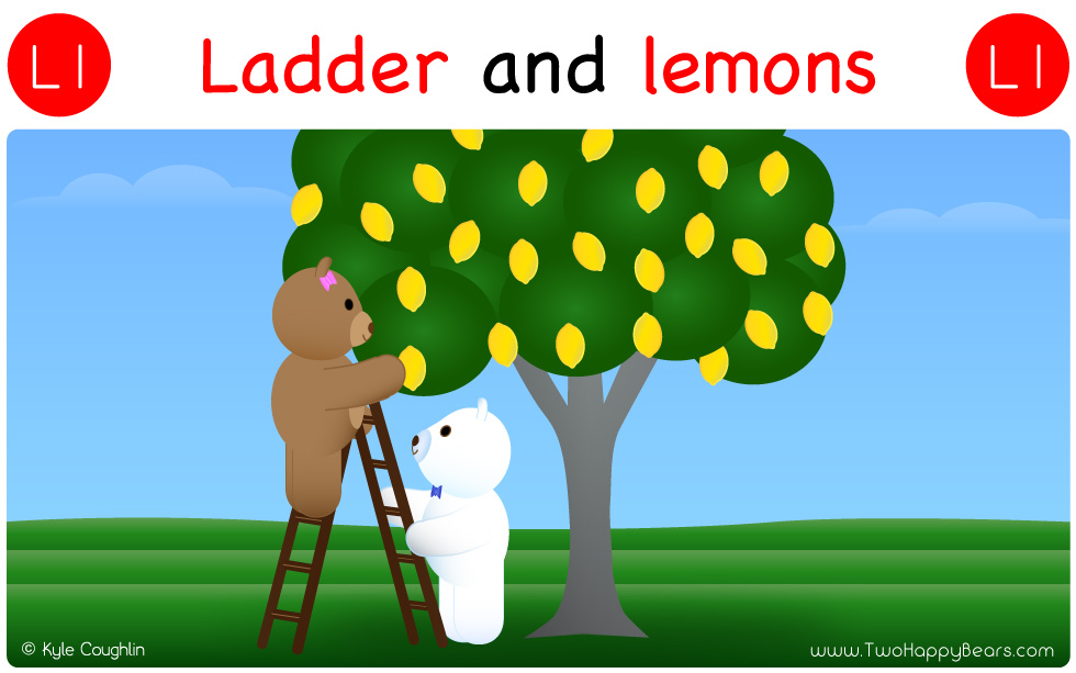 The Two Happy Bears climbed a ladder and picked lemons.