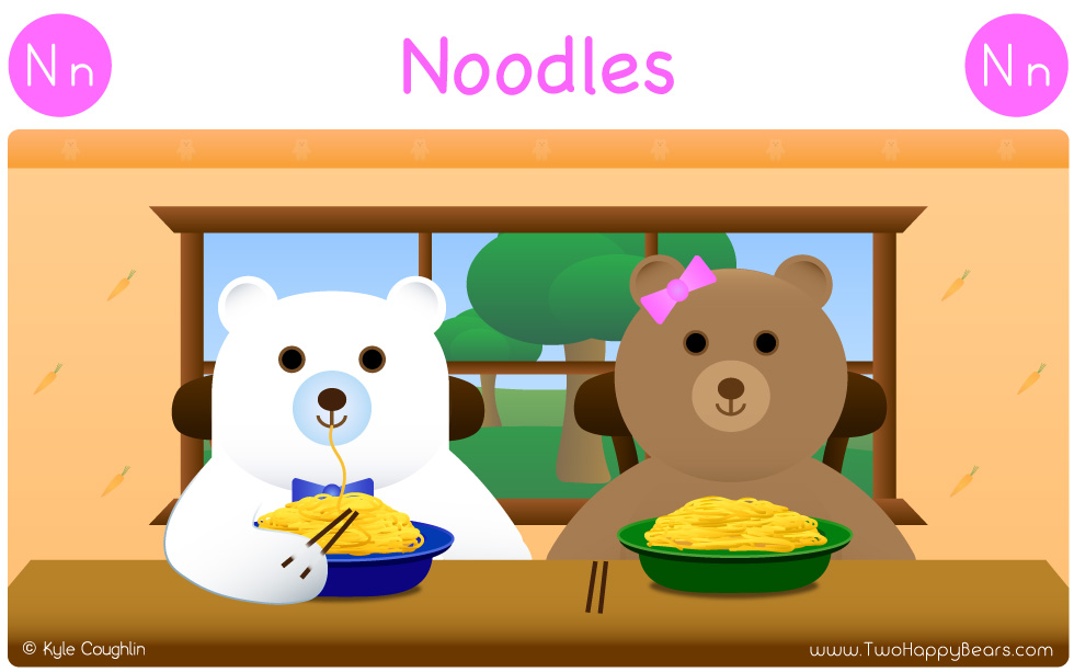 The Two Happy Bears like to eat noodles.