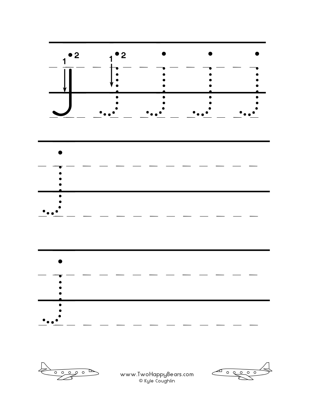 Worksheet for tracing and writing the lowercase letter J, in free printable PDF format.