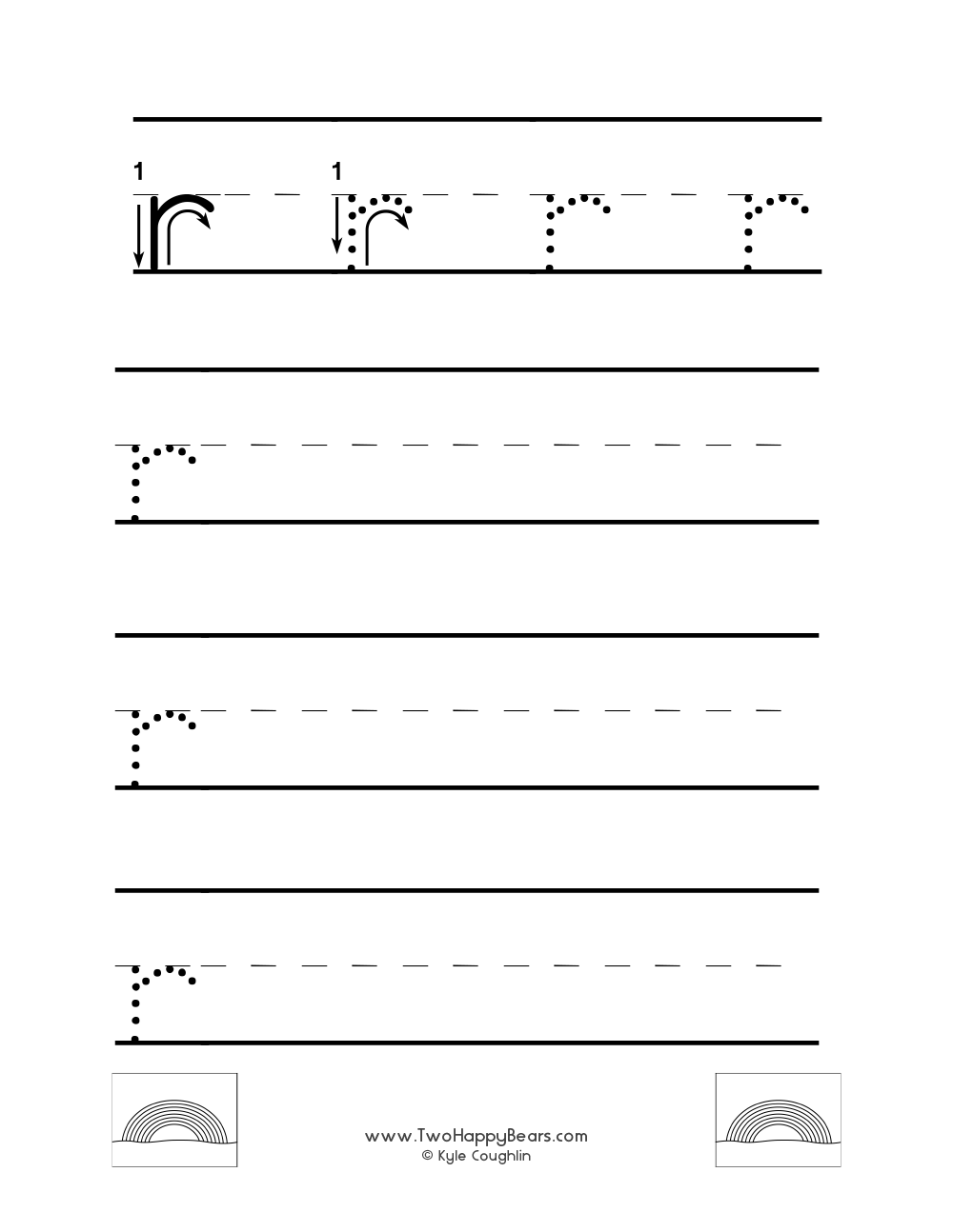 Worksheet for tracing and writing the lowercase letter R, in free printable PDF format.