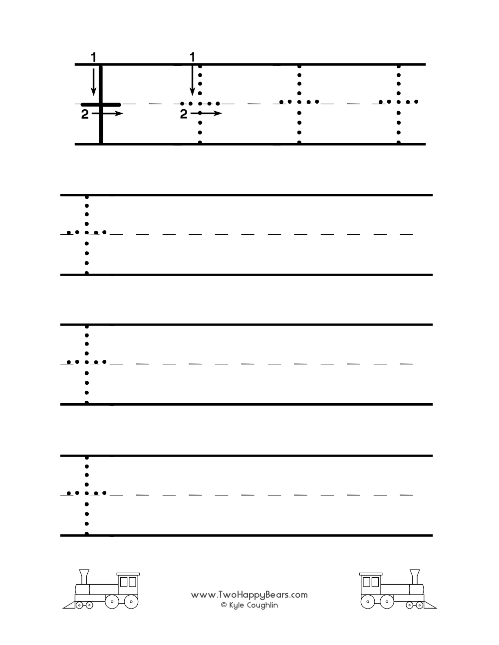 Worksheet for tracing and writing the lowercase letter T, in free printable PDF format.