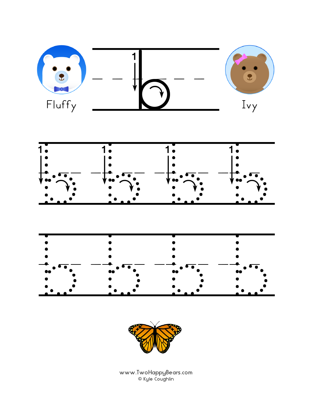Free printable PDF with lowercase letter B to trace with guided arrows and numbers and the Two Happy Bears.
